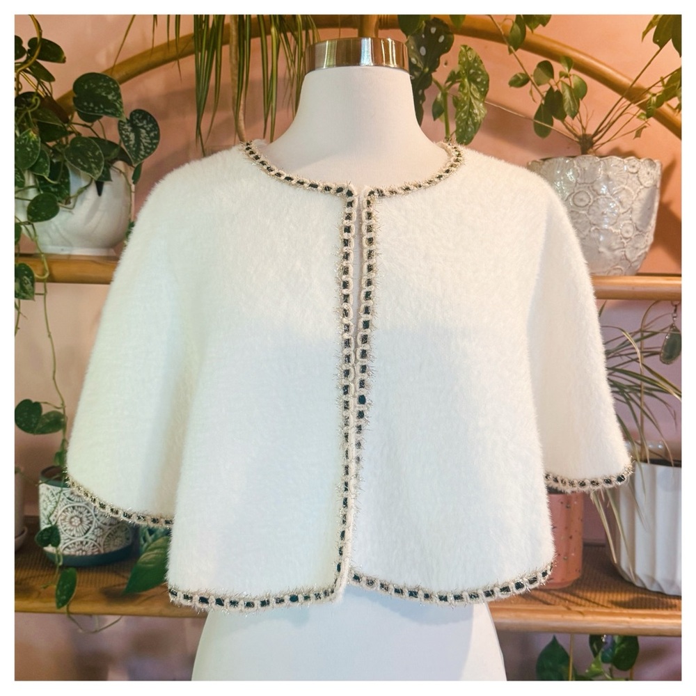 Rachel Zoe Winter White Knit Cape Capelet Shawl with Black Gold Trim NWT